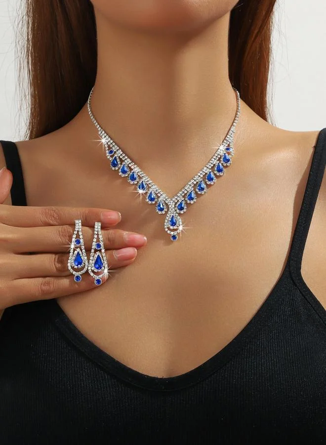 Take Two Women Blue Rhinestone Necklace With Earrings Set